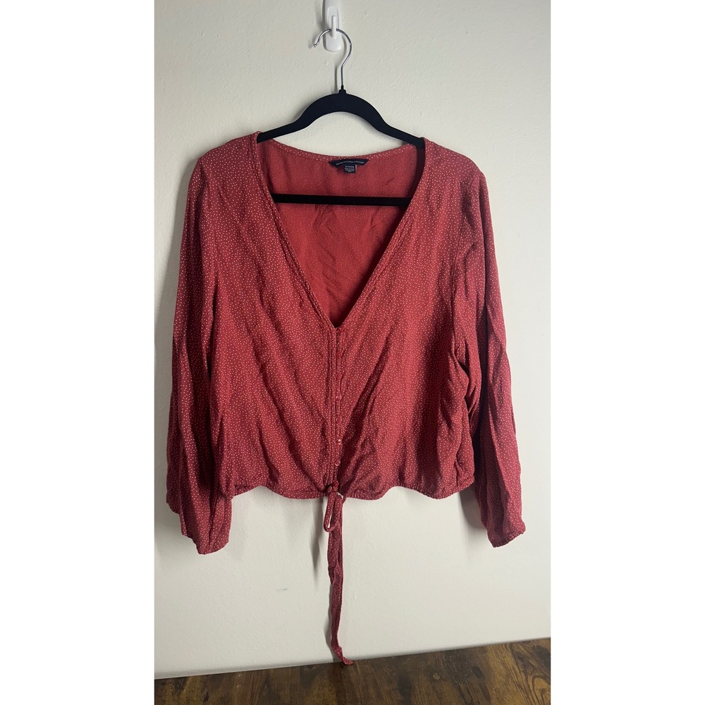American Eagle Rust Red Polka Dot Tie Front V-Neck Blouse XL Womens Long Sleeve